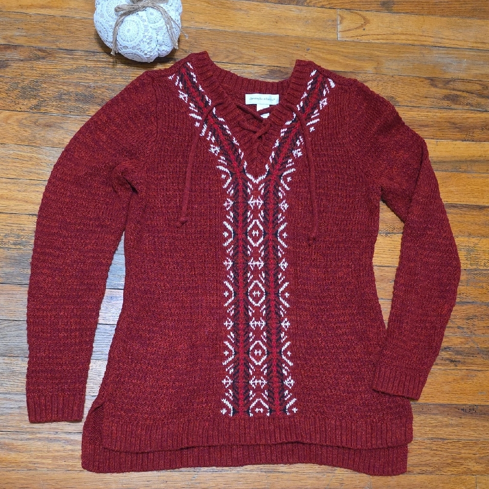 Women's EUC Lace Up Red Sweater White Pattern Festive Holiday Soft Cardigan M